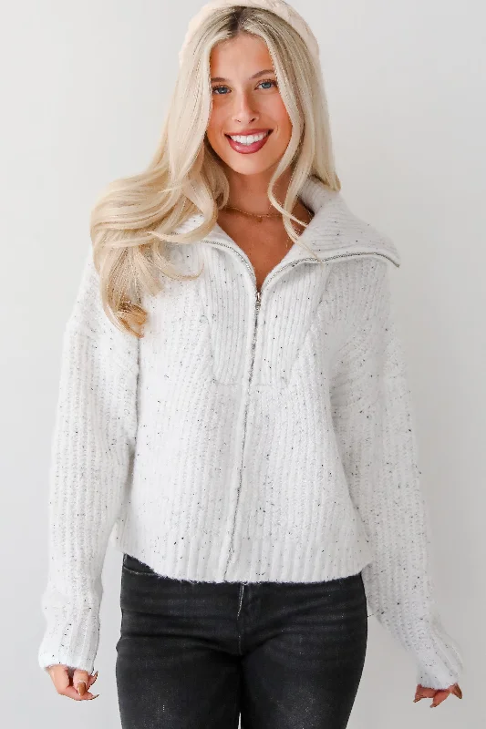 Cozy Agenda White Zip-Up Sweater Sophisticated Women's 