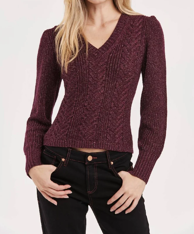 Talia Metallic V Neck Sweater Top In Blackberry Compression