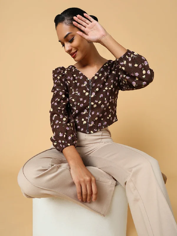 Women Brown Floral Crop Top Rugged Women's Outdoor 