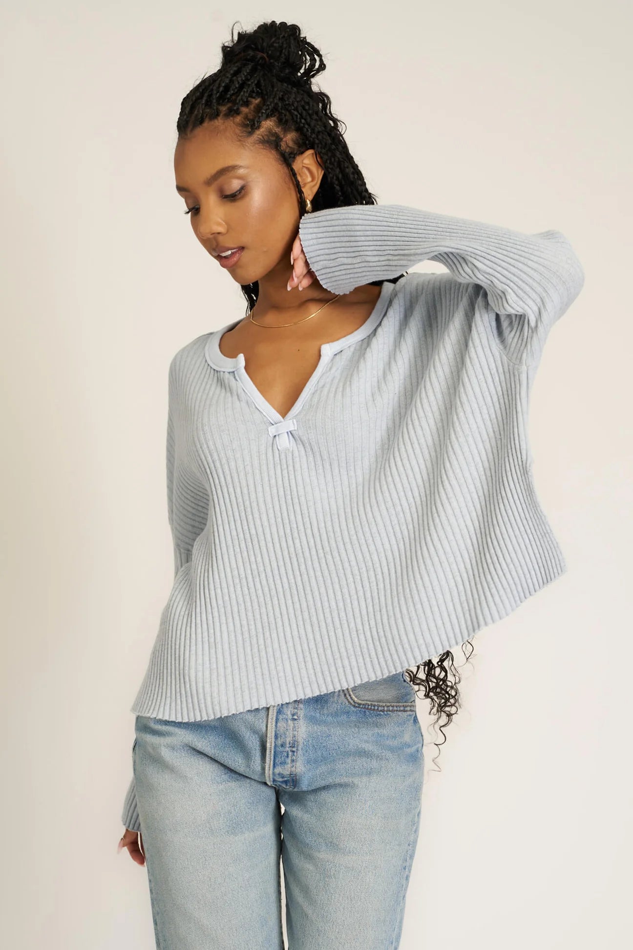 Getaway Notch Neck Sweater - Blue Dusk Youthful Women's Pop