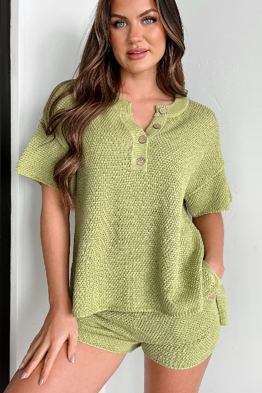Happily Lazy Waffle Knit Lounge Set (Green Apple) Compression