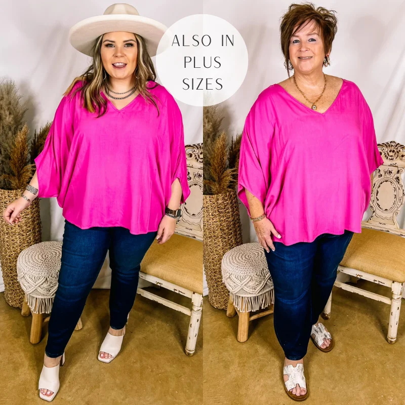 No Rules V Neck Poncho Top in Fuchsia Pink Minimalist Women's Casual
