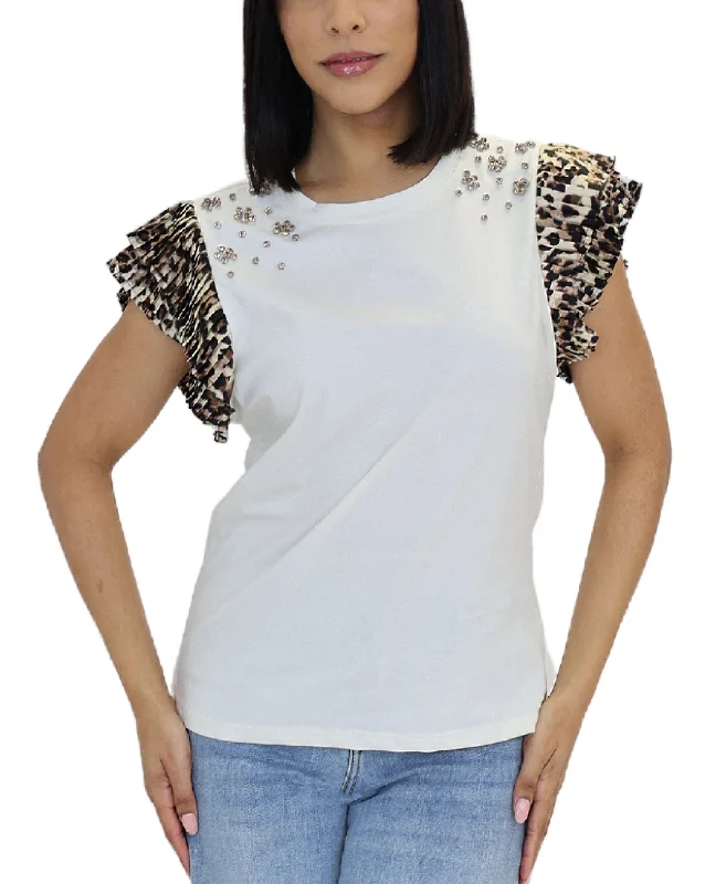 Tee w/ Pleated Sleeves & Rhinestones Geometric