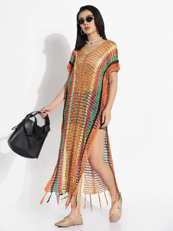 Women V-Neck Brown Striped Sheer Longline Top Hip Women's Urban