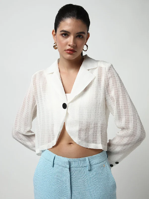 Women Off White Solid Crop Top Laid - back Women's Style
