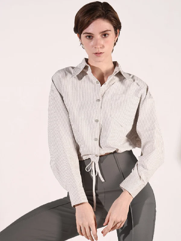 Women Beige Striped Shirt Style Crop Top Cool Women's Skate