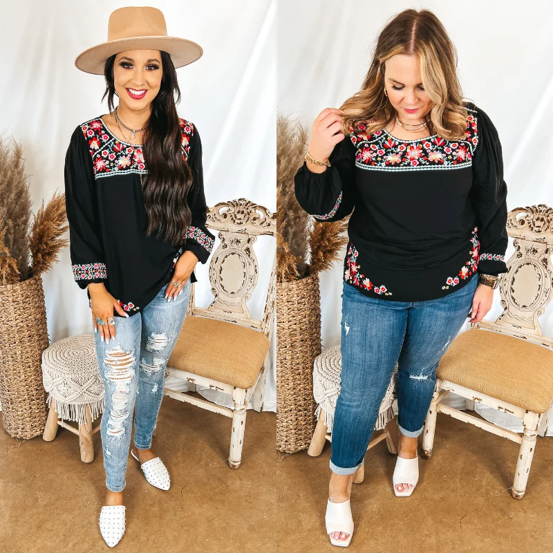 Sunny Sweetheart Floral Embroidered Long Sleeve Top in Black Cashmere