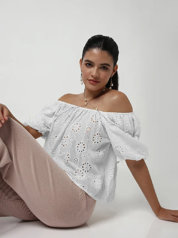 Women White Solid Schiffli Crop Top Australian Beach