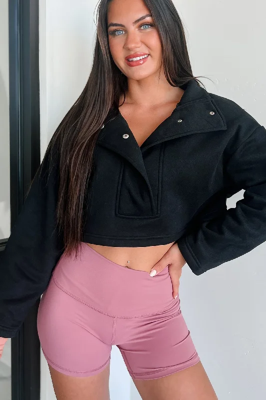 Go-Getter Attitude Cropped Snap-Button Pullover (Black) Contemporary 