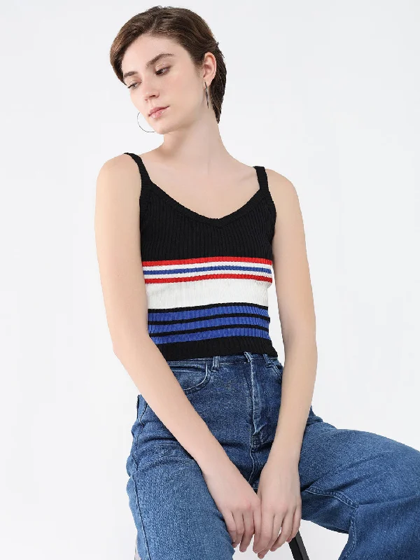 Women Striped Black Fitted Top Unique Women's Upcycled