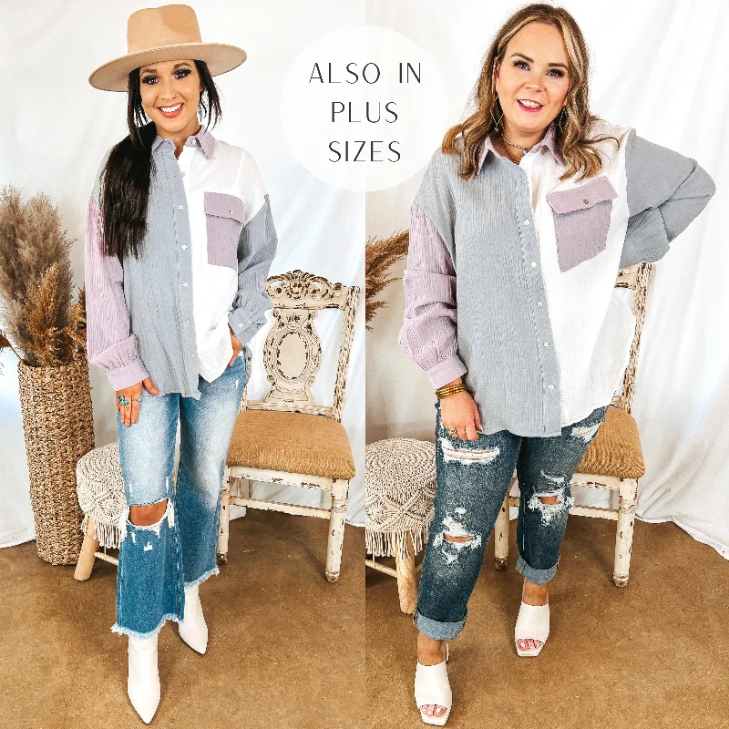 Highly Requested Button Up Color Block Top in Dusty Blue and Purple Modern Women's 