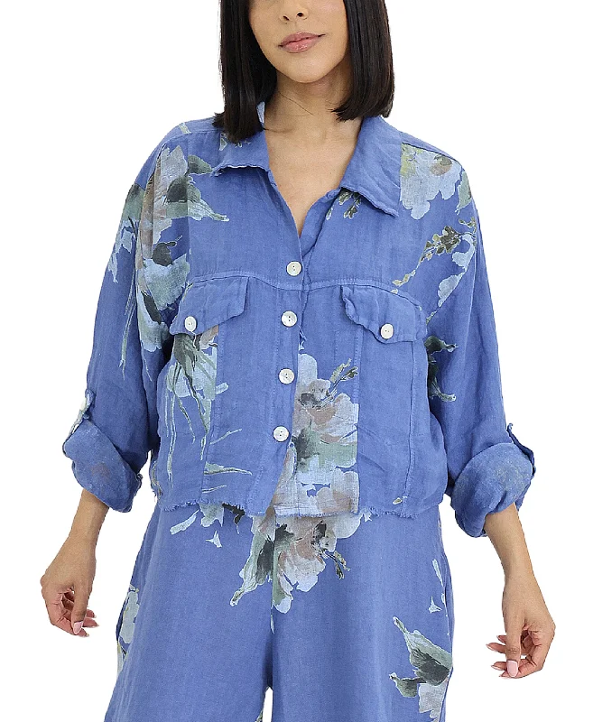Floral Print Crop Shirt w/ Frayed Trim Feminine Women's Style 