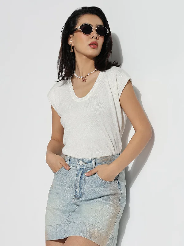 Women Round Neck White Solid Top Vintage Women's 1970S 