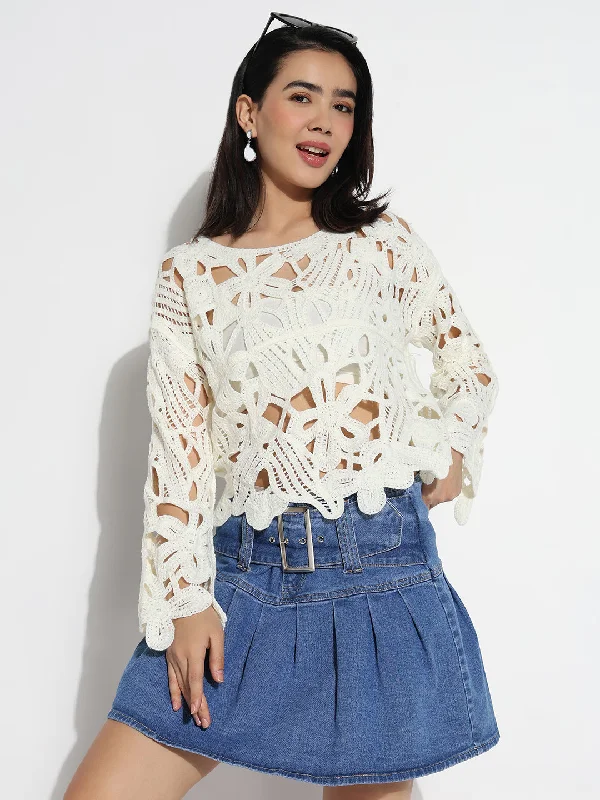 Women Boat Neck Cream Floral Sheer Top Cozy Women's Winter