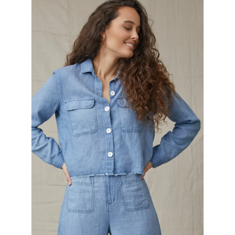 Patch Pocket Fray Hem Shirt Relaxed Women's 