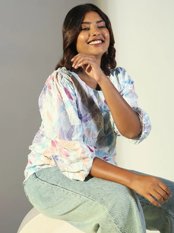 Women Blue Floral Top Athletic Women's High - 