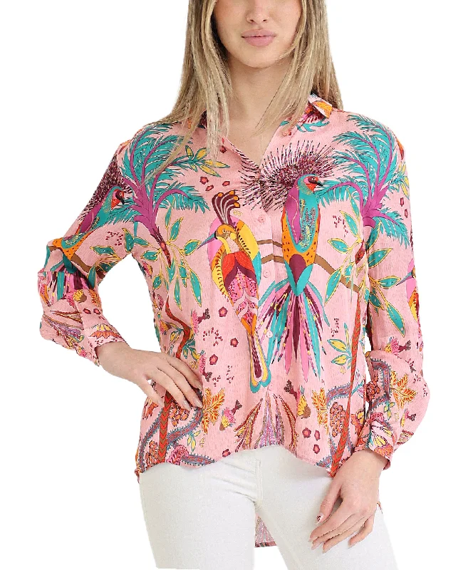 Parrot Print Satin Blouse Trendy Women's 