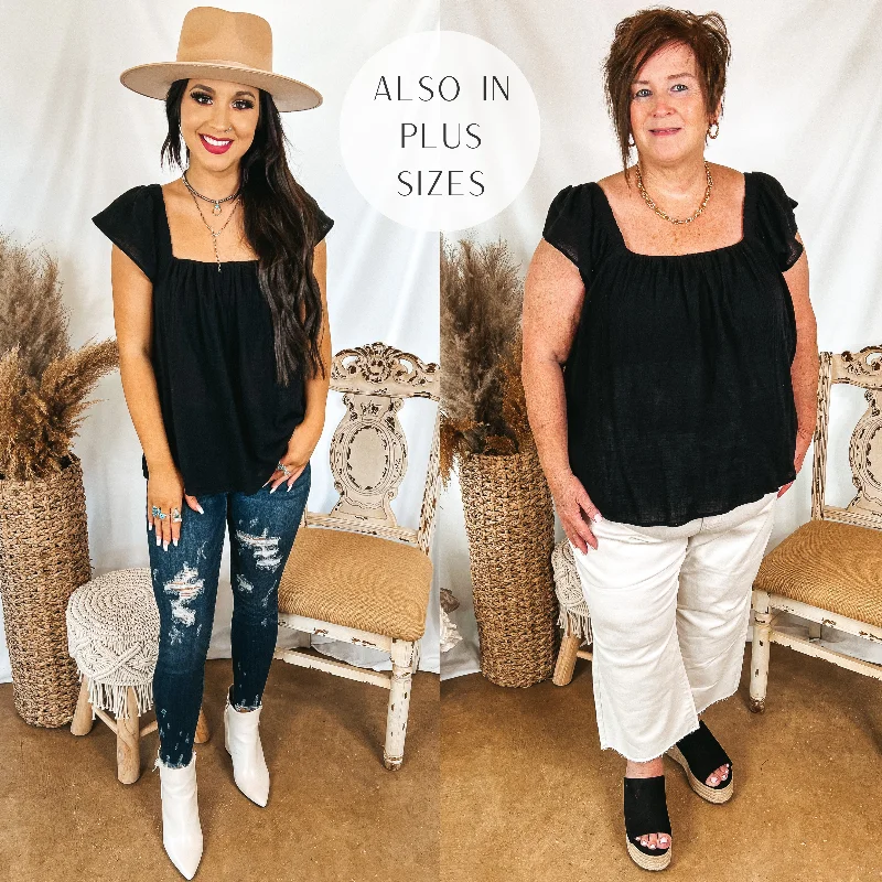Thinking Out Loud Square Neck Cap Sleeve Top in Black Tough Women's Military - inspired