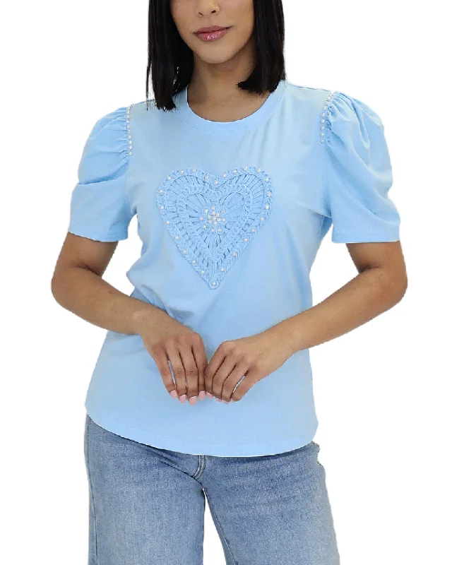Puff Sleeve Heart Tee w/ Pearls Laid - back Women's Vibe