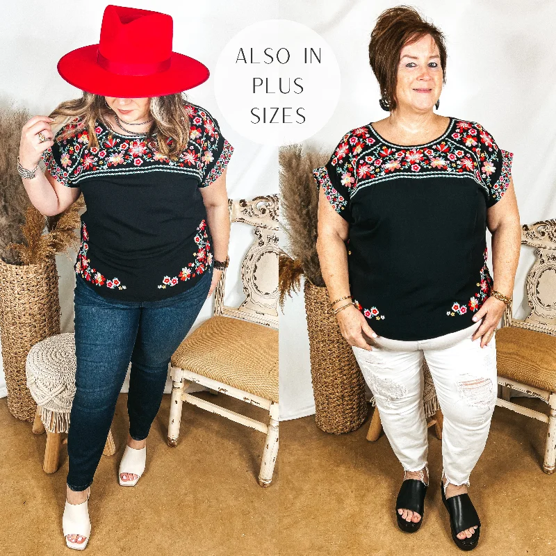 Sunny Sweetheart Floral Embroidered Cap Sleeve Top in Black Luxurious Women's High -  end