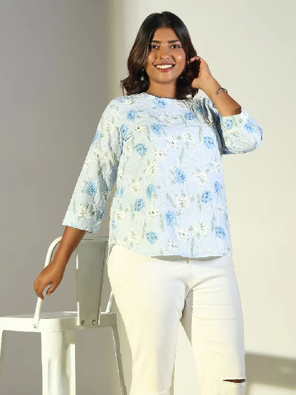 Women Blue Floral Top Traditional Women's 