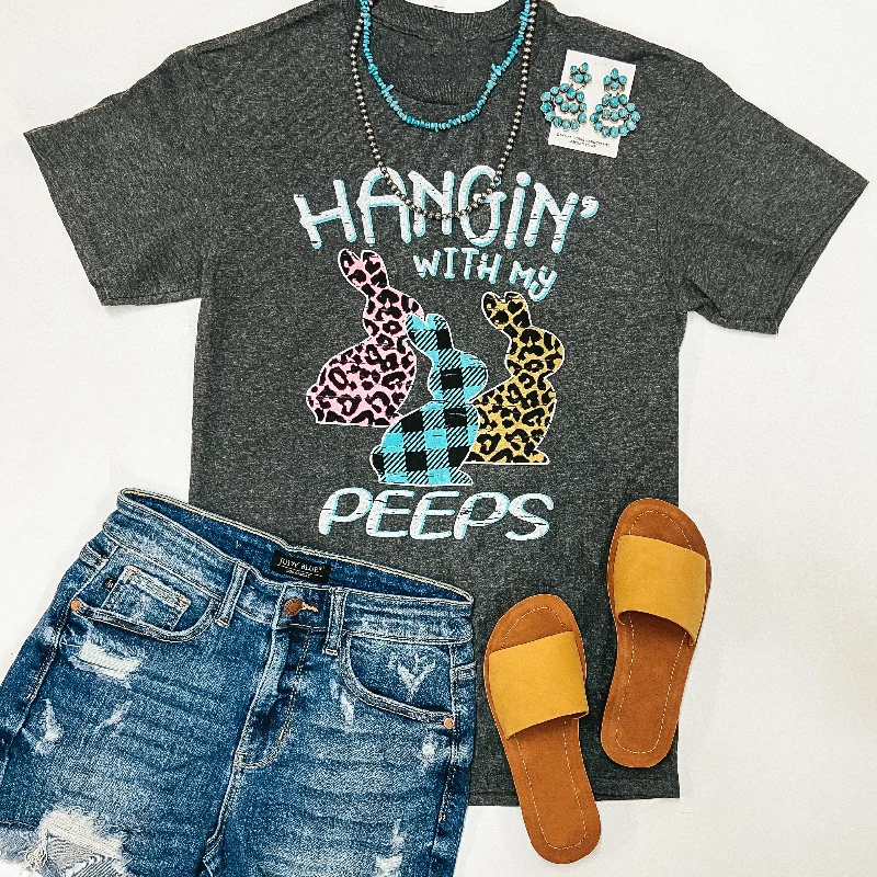 Hangin' With My Peeps Mixed Print Easter Graphic Tee in Charcoal Grey Practical Women's Quick - dry