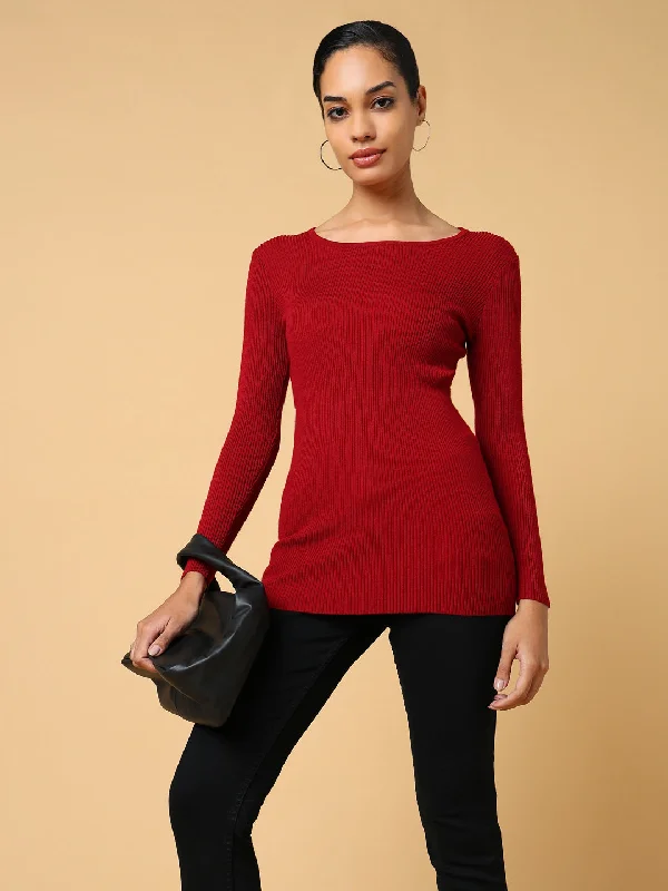 Women Solid Maroon Fitted Top Classic Women's Pin - striped