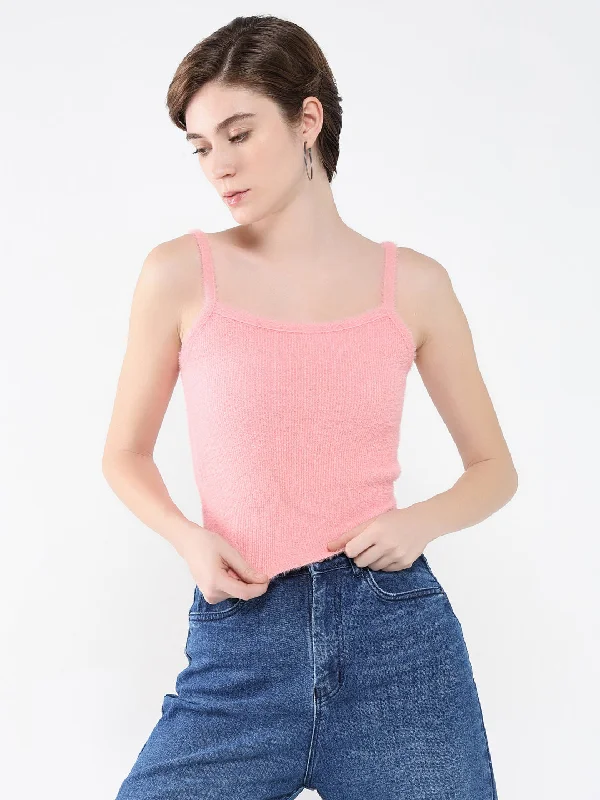 Women Solid Pink Fitted Top Preppy Women's College