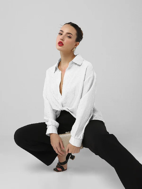 Women White Solid Shirt Style Crop Top Laid - back Women's Vibe