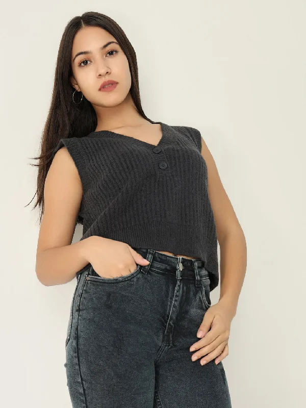 Women Solid Charcoal Top Classic Women's Pin - striped