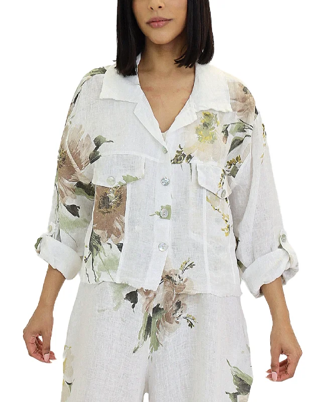 Floral Print Crop Shirt w/ Frayed Trim Luxurious Women's High -  end