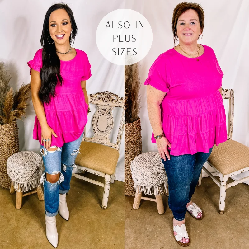 Belong To You Tiered Top with Ruffle Cap Sleeves in Fuchsia Sustainable Organic