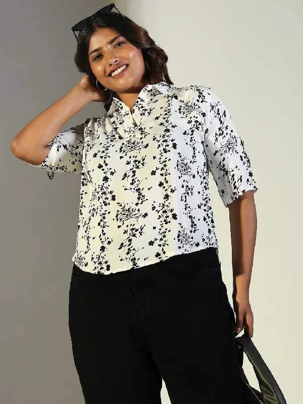 Women White Floral Shirt Style Top Sporty Women's Athleisure 