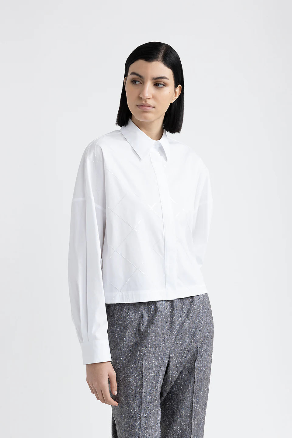 Cropped Sequin Shirt - White Youthful Women's Pop