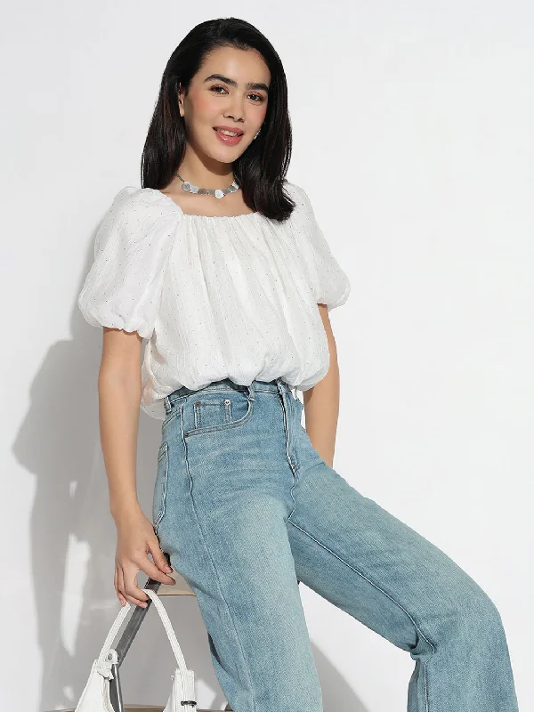 Women Square Neck White Solid Blouson Crop Top Bohemian Women's Free