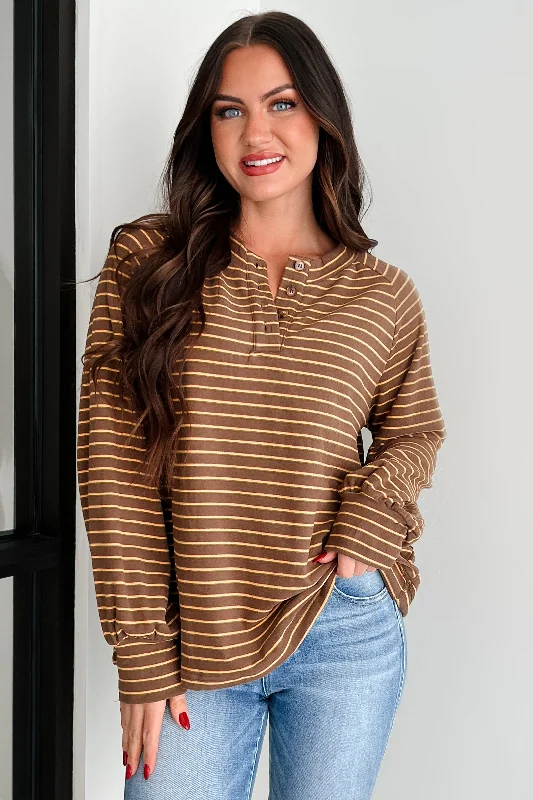 Harvest Hues Striped Long Sleeve Top (Mocha) Bohemian Women's Free