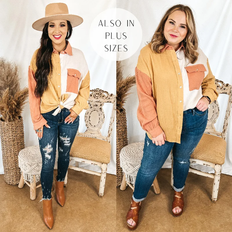 Highly Requested Button Up Color Block Top in Mustard and Clay Orange Streetwear Style for 