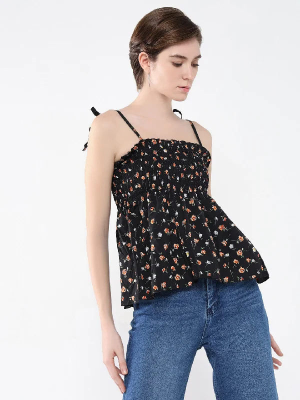 Women Floral Black Peplum Top Monochromatic All - in - one