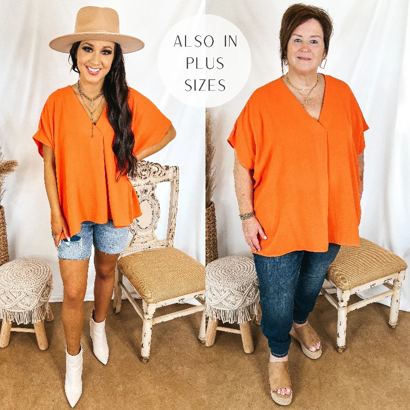 Last Chance Size XL & 1XL | Weekend Out V Neck Placket Short Sleeve Top in Orange Laid - back Women's Style