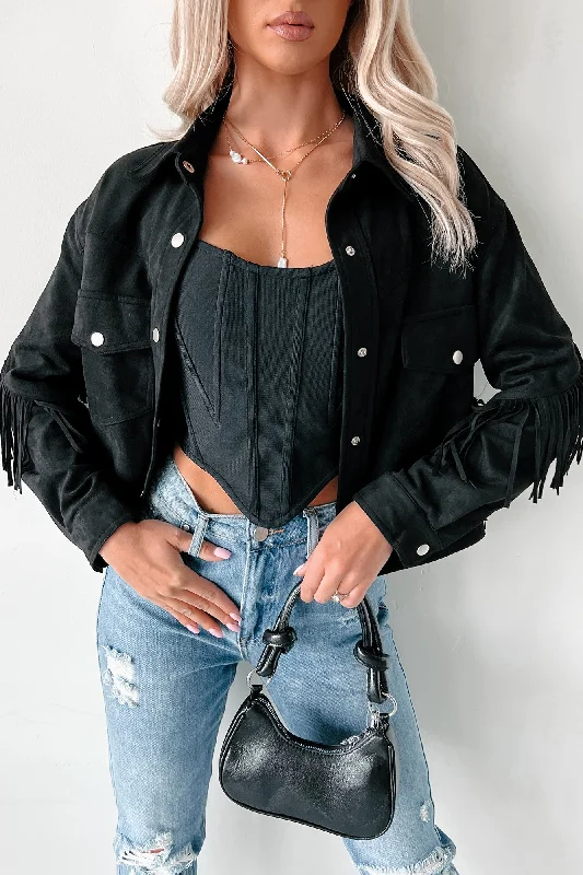 Chasing Cowboys Faux Suede Fringe Shacket (Ash Black) Country