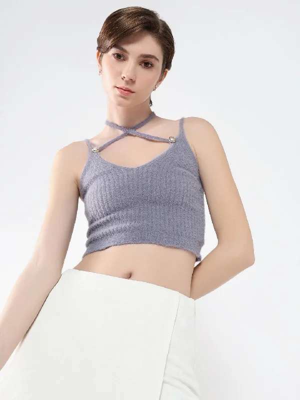Women Solid Purple Fitted Top Classic Women's Tweed
