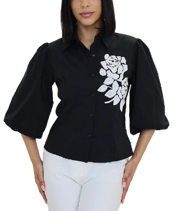 Puff Sleeve Top w/ Sequin Flower Cozy Women's Sherpa - lined