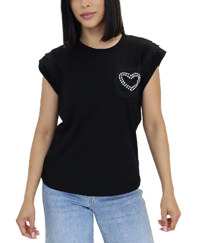 Heart Tee w/ Rhinestones Casual Women's Loose - fitting