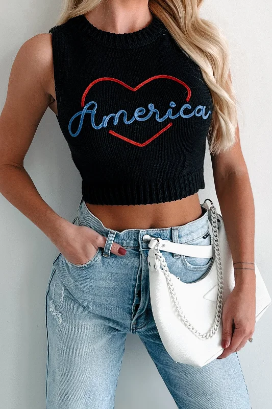 Love My Country Sweater Knit Tank Top (Black) Vintage Women's 1970S 