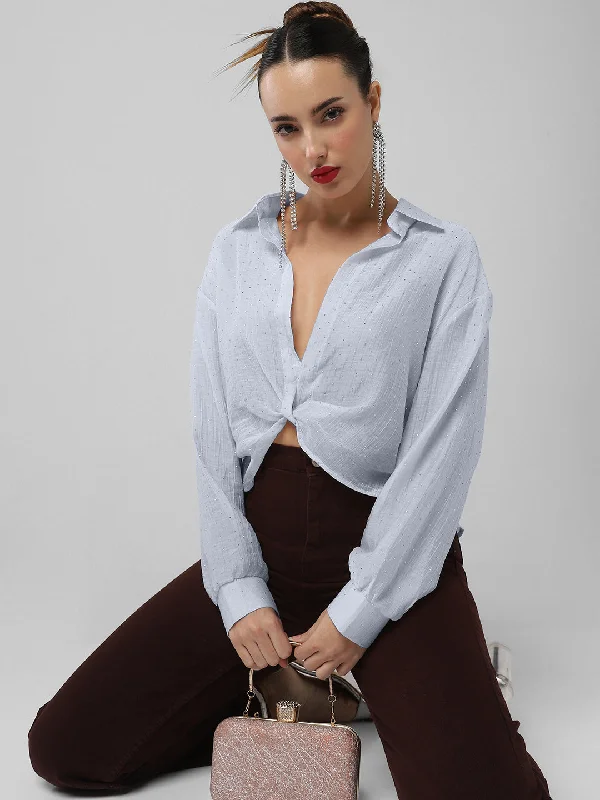 Women Blue Solid Shirt Style Crop Top Relaxed Women's Beachy