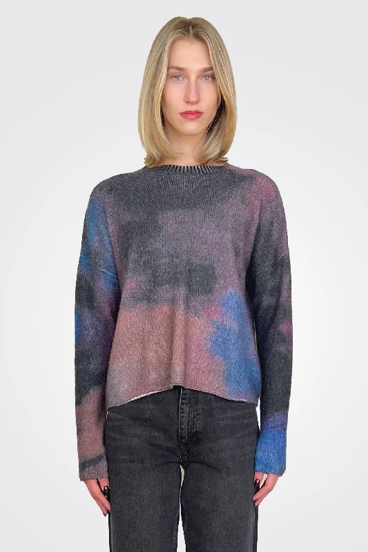 Blotch Print Boxy Raw Edge Crew - Navy Multi Traditional Women's Wool