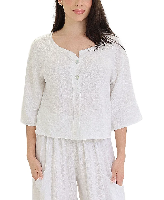 Linen & Cotton Blend Top w/ Buttons Confident Women's Power