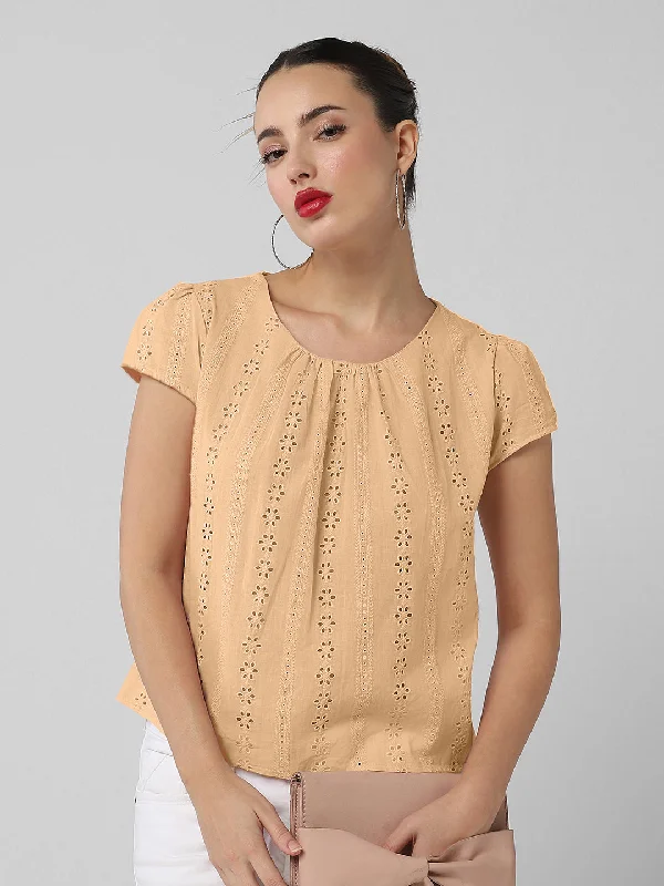 Women Brown Round Neck Schiffili Top with Self Design Dapper Women's Bow - adorned