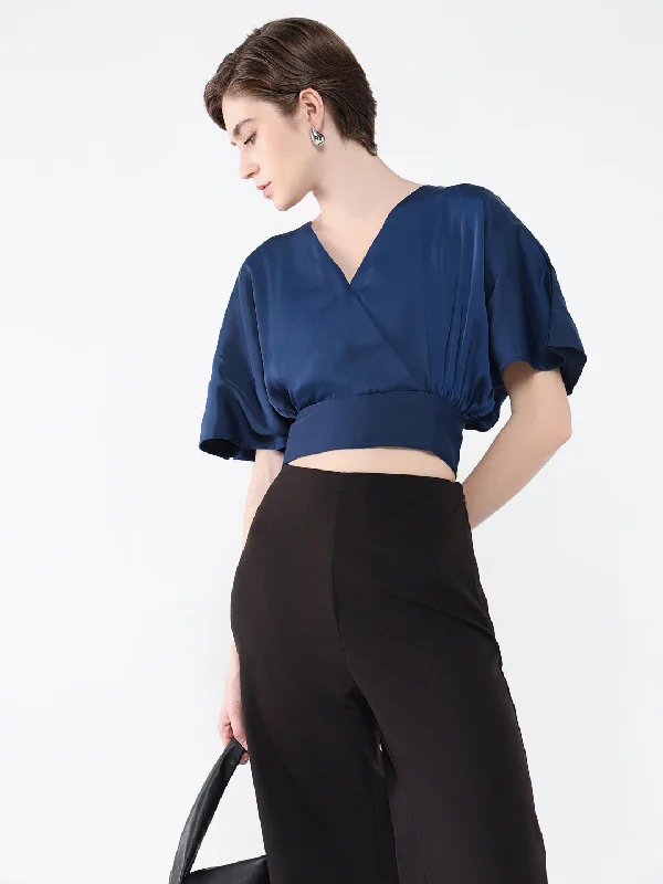 Women Solid Navy Blue Blouson Top Cozy Women's Sherpa - lined