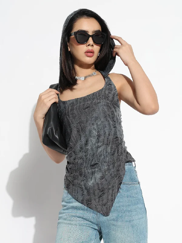 Women Hooded Grey Solid Top Contemporary 